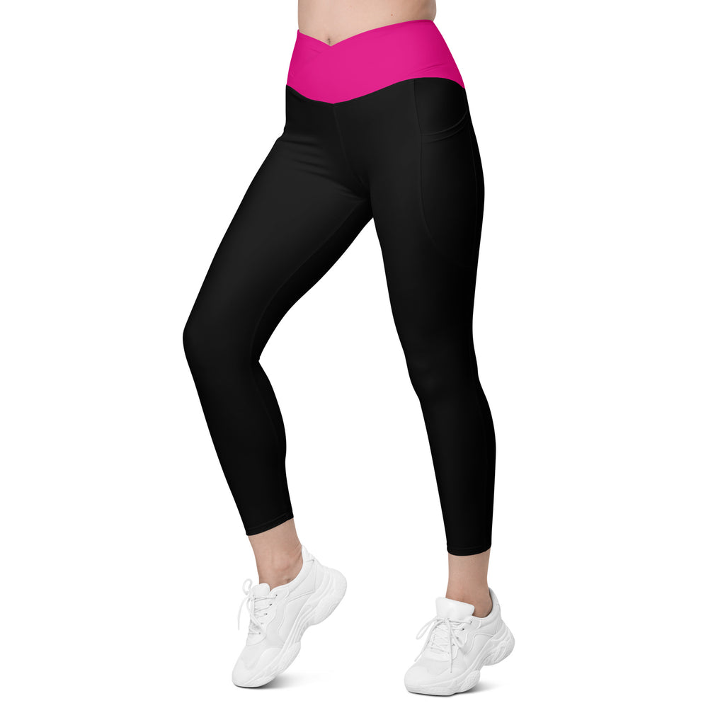 Metastatic Breast Cancer "Supporter" Crossover Waist Leggings with Pockets (Black/Pink/Teal)