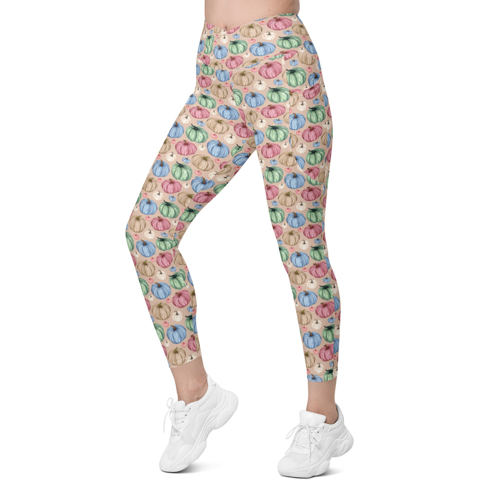 Fall Watercolor Pumpkins Crossover Leggings With Pockets (Light Beige)