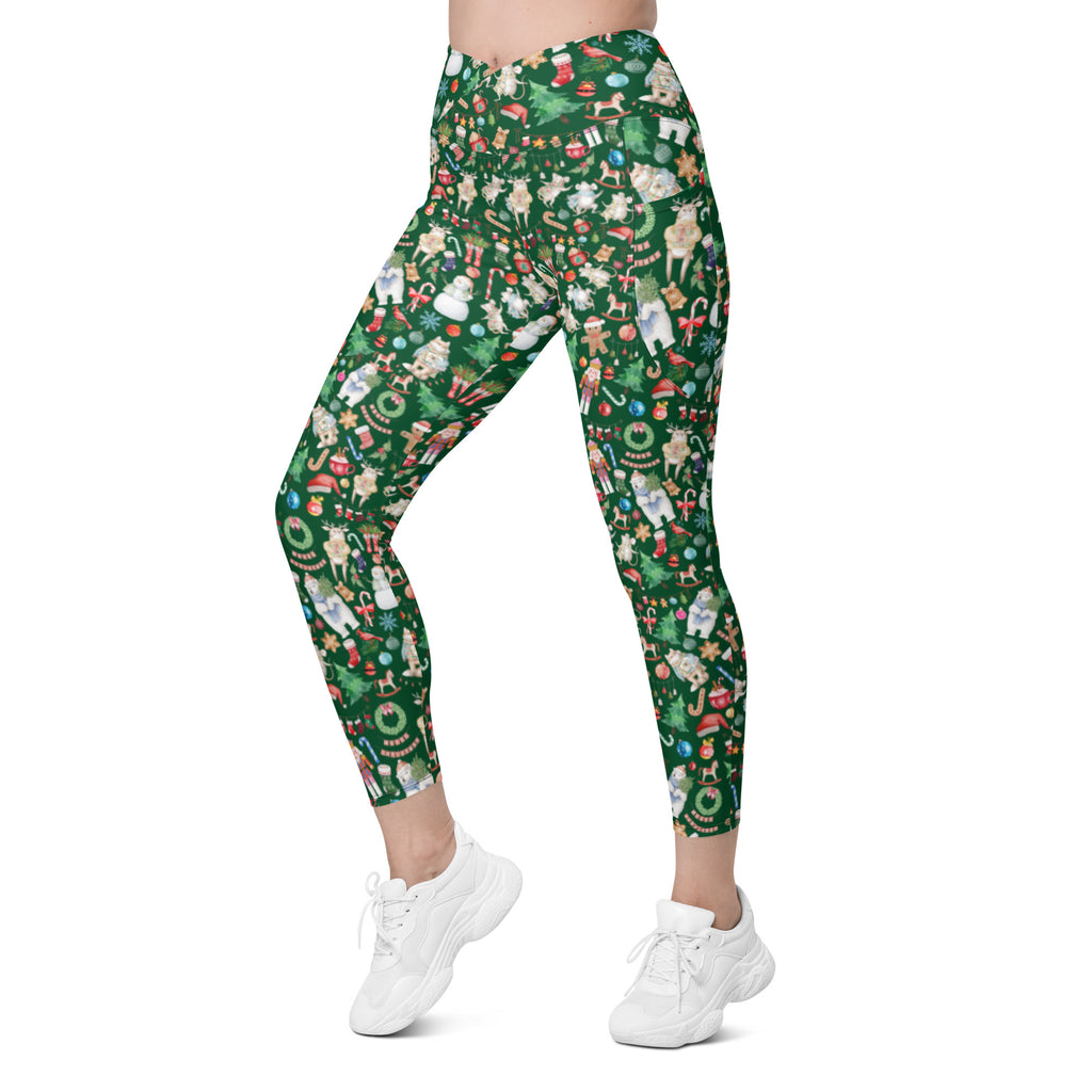 Vintage Watercolor Christmas Design Crossover Leggings with Pockets (Forest Green)