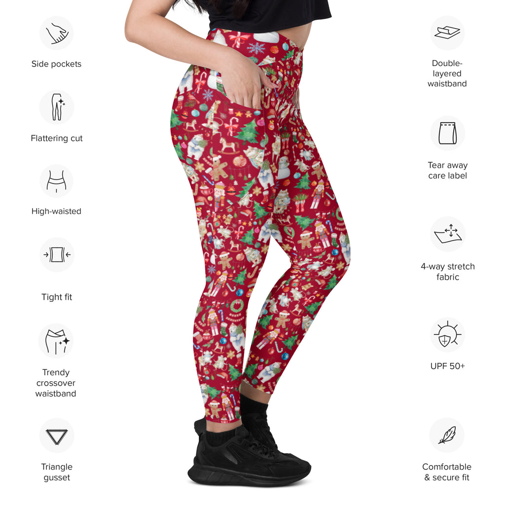 Vintage Watercolor Christmas Design Crossover Leggings with Pockets (Red)