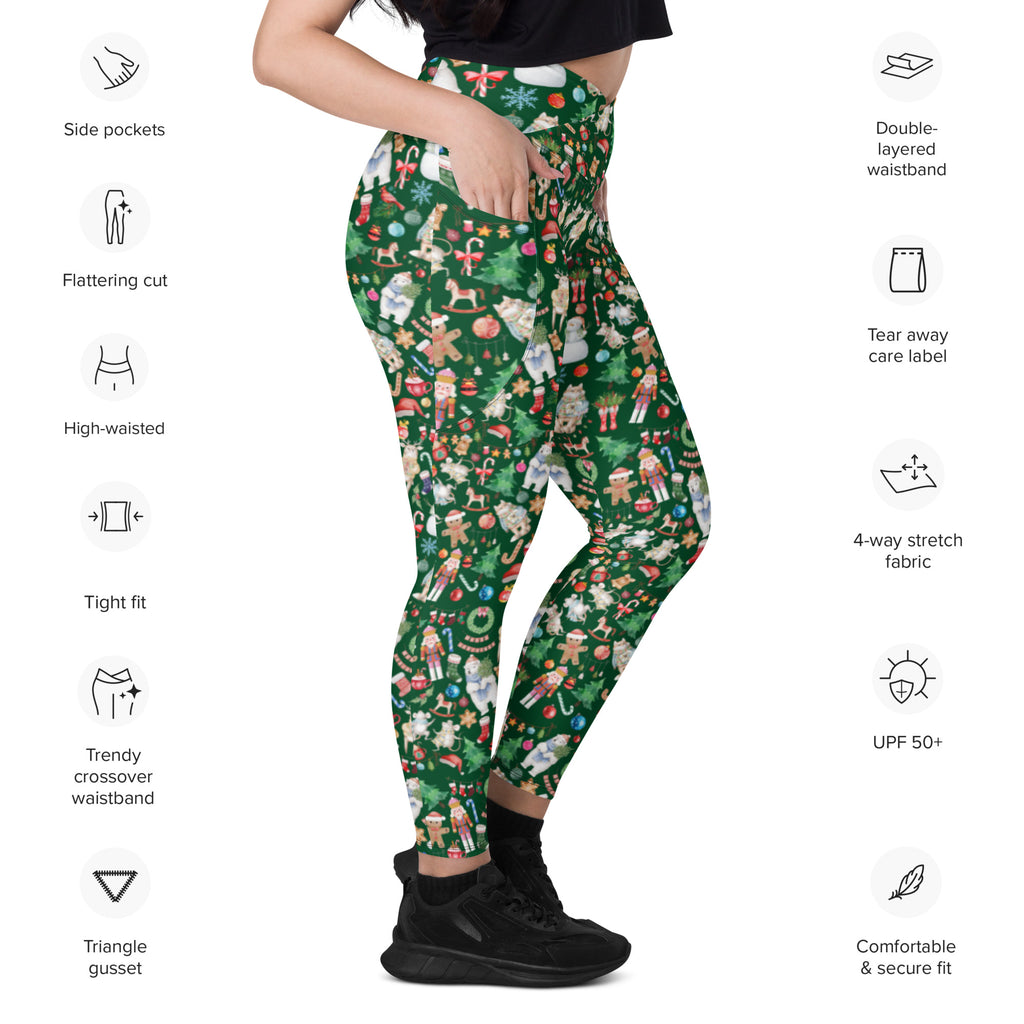Vintage Watercolor Christmas Design Crossover Leggings with Pockets (Forest Green)