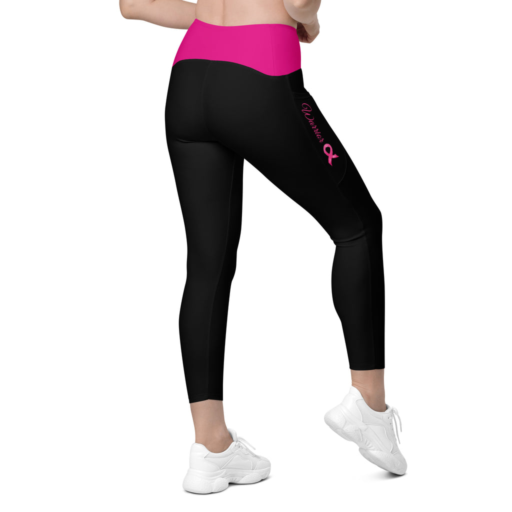 Breast Cancer "Warrior" Crossover Waist Leggings with Pockets (Black/Pink)