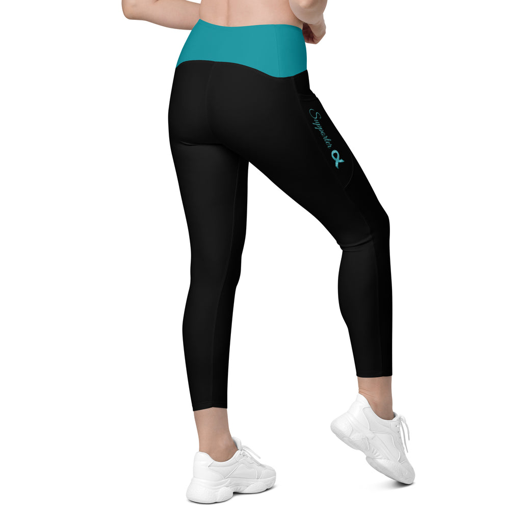 Ovarian Cancer "Supporter" Crossover Waist Leggings with Pockets (Black/Teal)