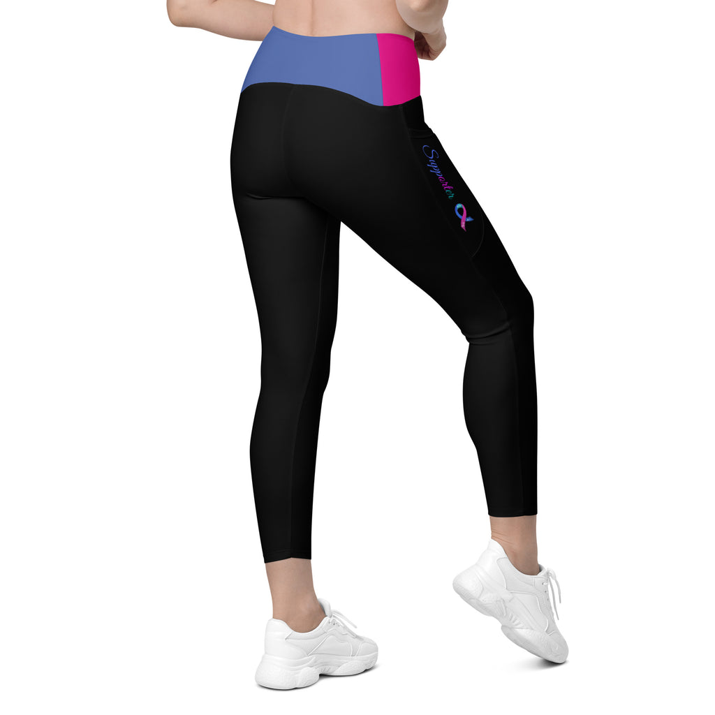 Thyroid Cancer "Supporter" Crossover Waist Leggings with Pockets (Black/Pink/Blue)