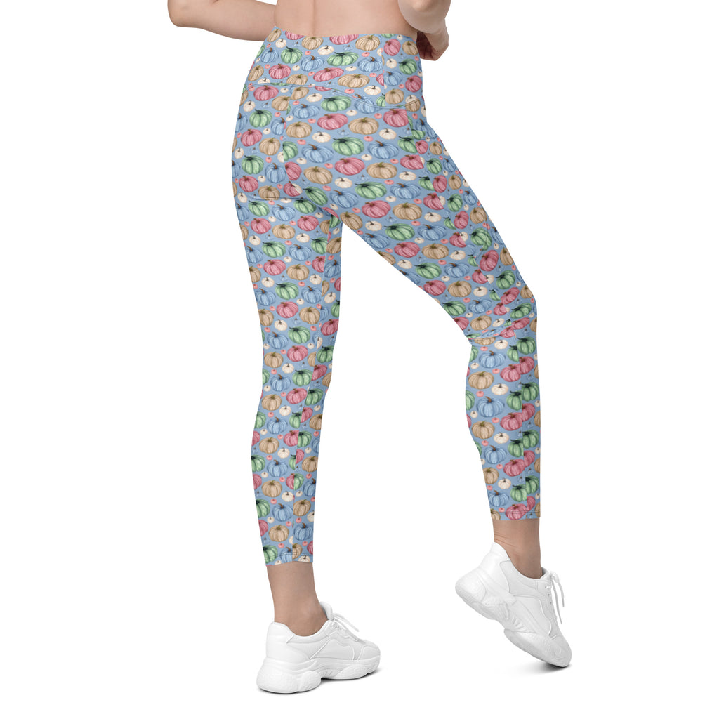 Fall Watercolor Pumpkins Crossover Leggings With Pockets (Light Blue)