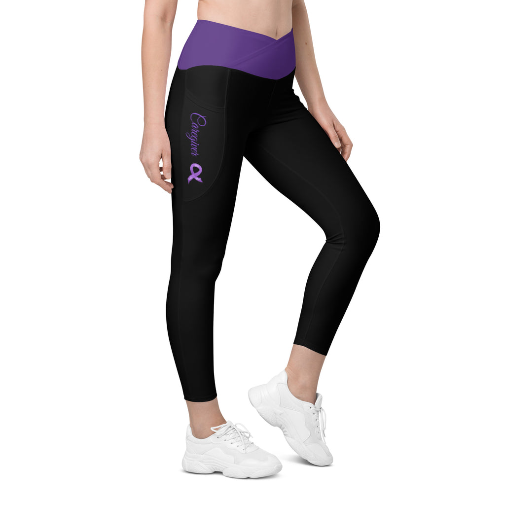 Pancreatic Cancer "Caregiver" Crossover Waist Leggings with Pockets (Black/Purple)
