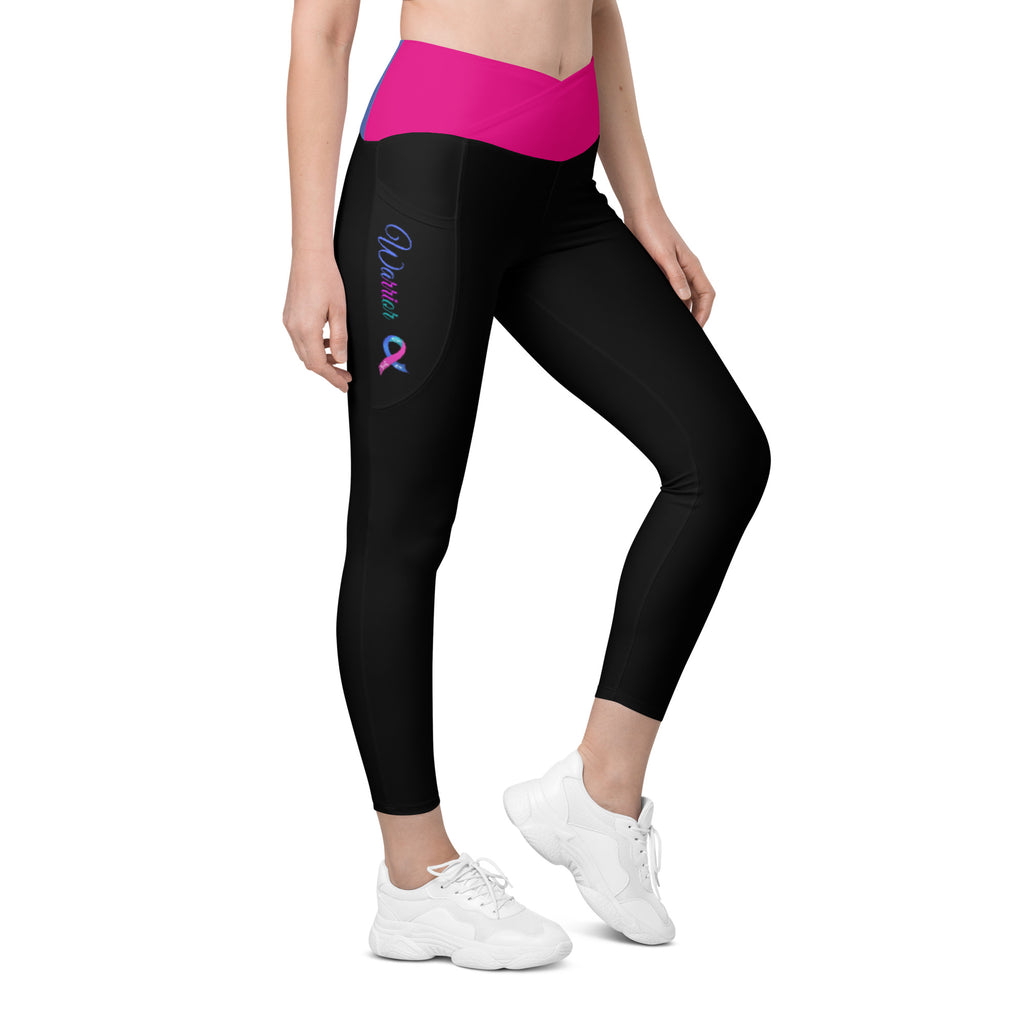 Thyroid Cancer "Warrior" Crossover Waist Leggings with Pockets (Black/Pink/Blue)