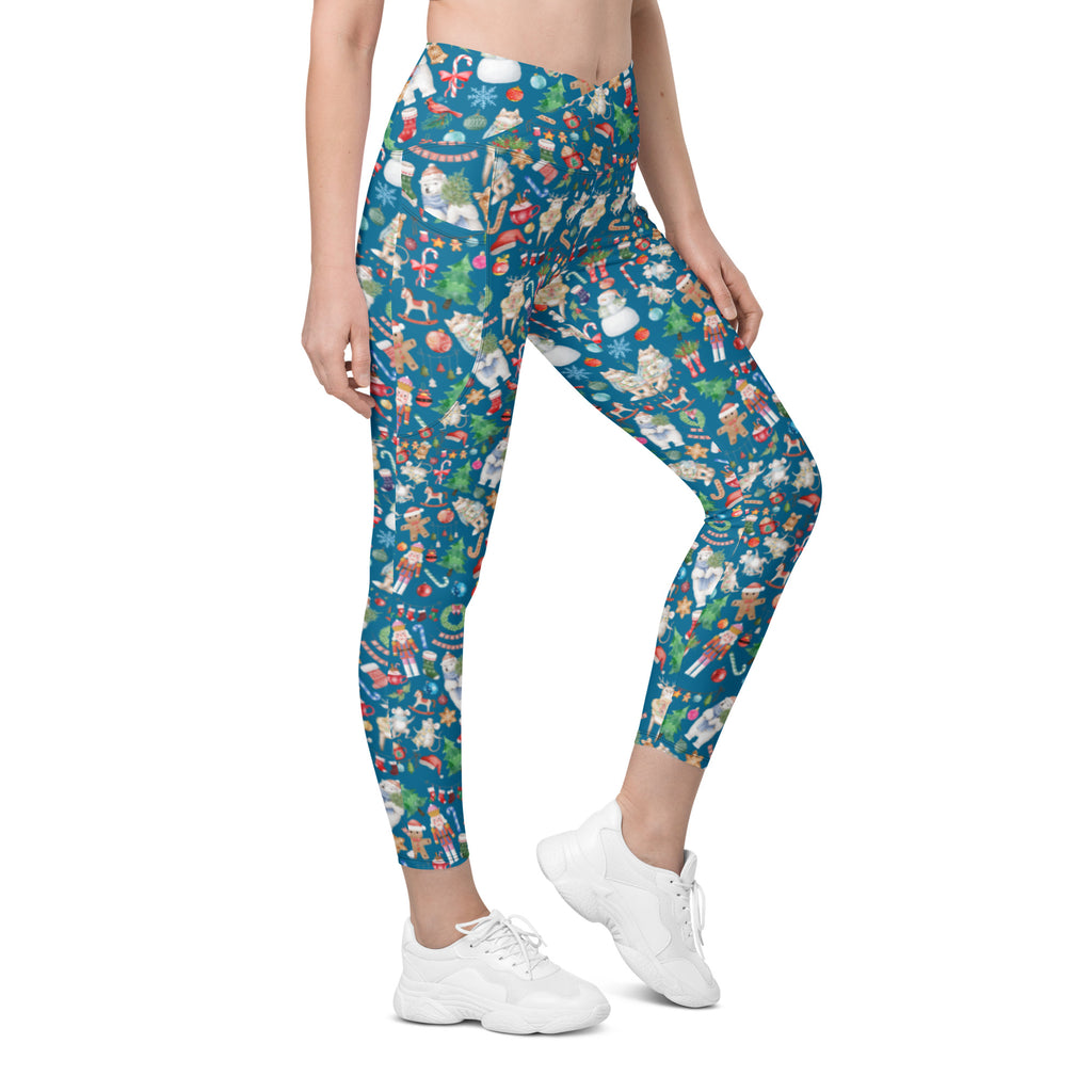 Vintage Watercolor Christmas Design Crossover Leggings with Pockets (Teal)