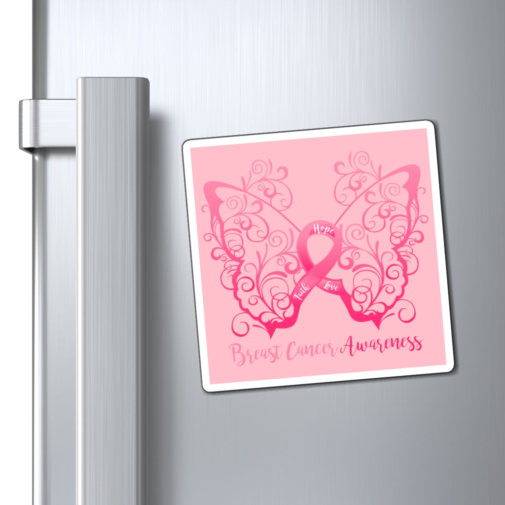 Breast Cancer Awareness Filigree Butterfly Magnet (Pink Background) (3 Sizes Available)