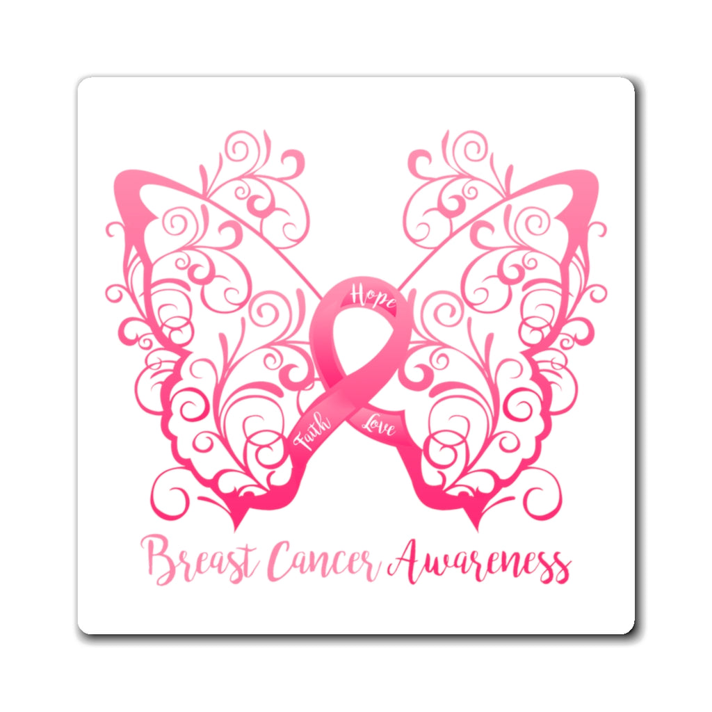 Breast Cancer Awareness Filigree Butterfly Magnet (White Background) (3 Sizes Available)