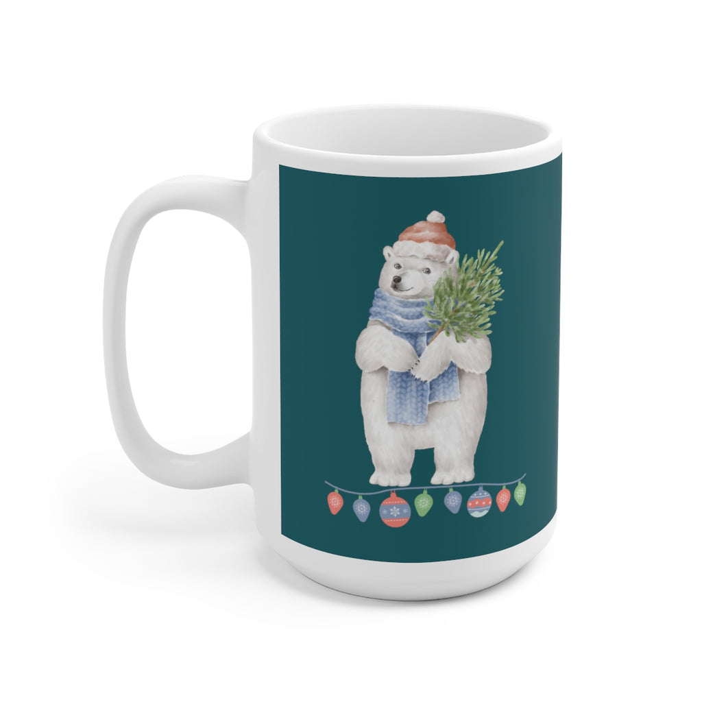 Vintage Watercolor Christmas Polar Bear (Teal) Mug (15oz) (Dual Sided-Design)