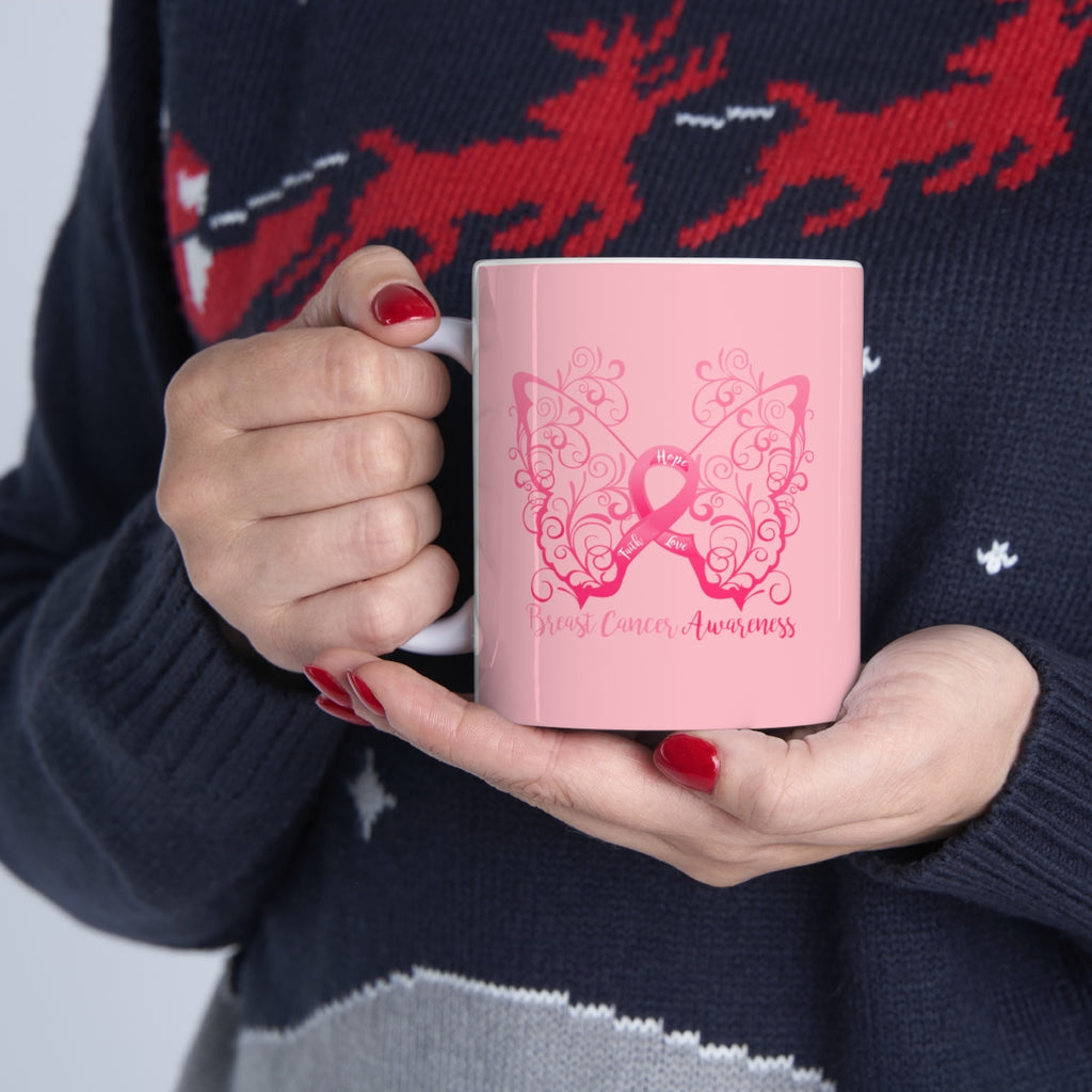 Breast Cancer Awareness Filigree Butterfly (Pink) Mug (11 oz.)(Dual-Sided Design)