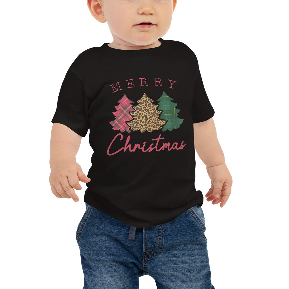 Leopard Flannel Merry Christmas Trees Baby Jersey Short Sleeve Tee
