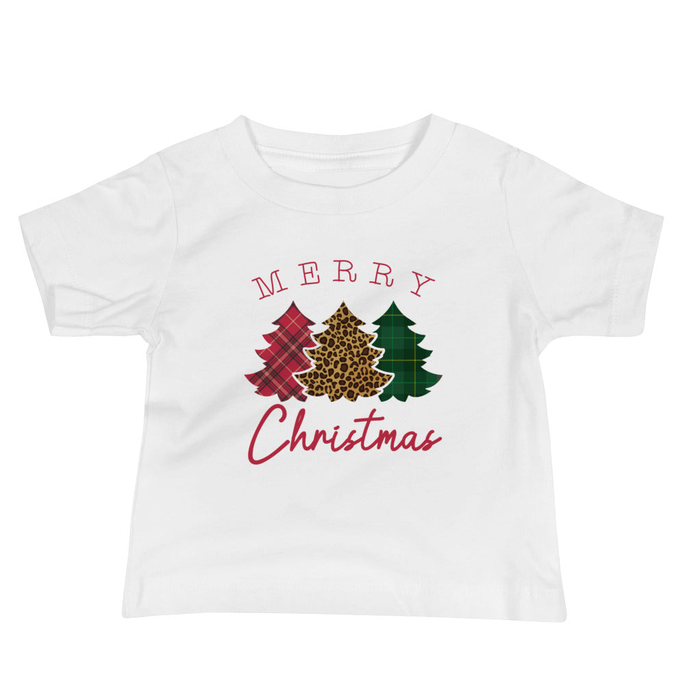 Leopard Flannel Merry Christmas Trees Baby Jersey Short Sleeve Tee