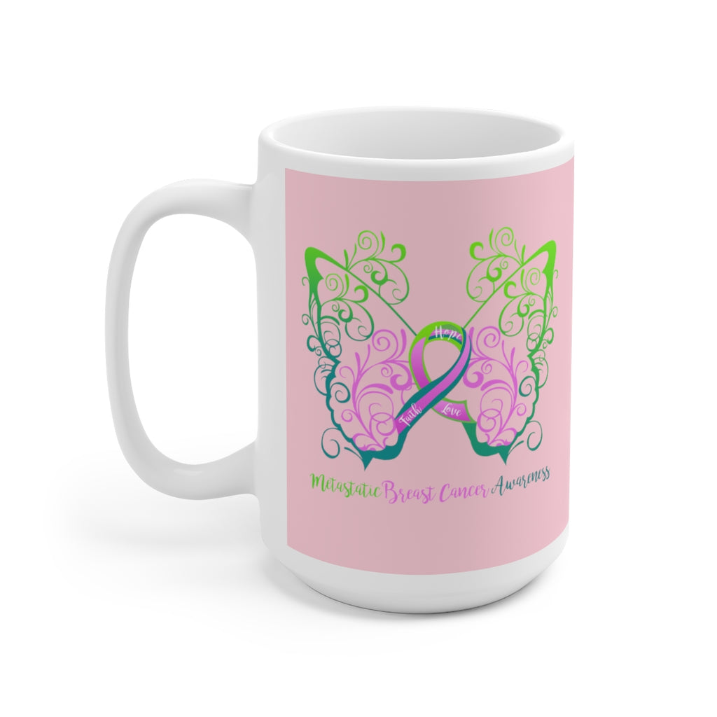 Metastatic Breast Cancer Awareness Filigree Butterfly (Light Pink) Mug (15oz) (Dual Sided-Design)