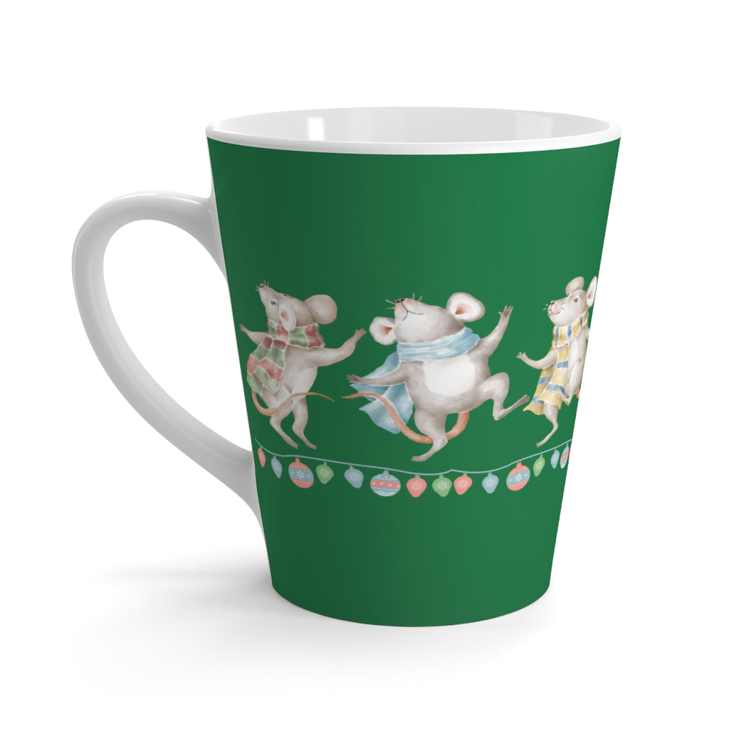 Vintage Watercolor Christmas Dancing Mice Kelly Green Latte Mug (12 oz.) (Dual-Sided Design)