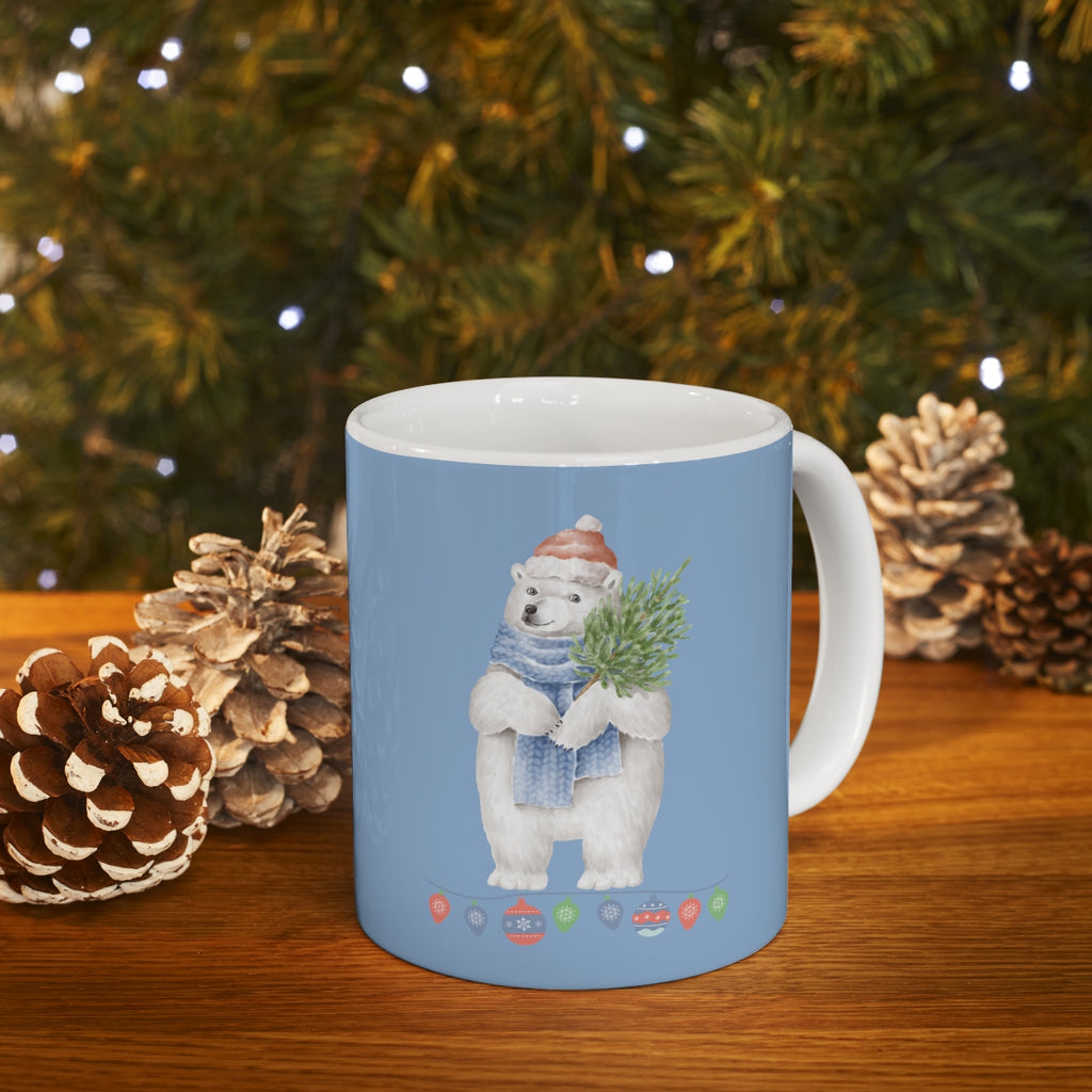 Vintage Watercolor Christmas Polar Bear (Denim Blue) Mug (11 oz.)(Dual-Sided Design)