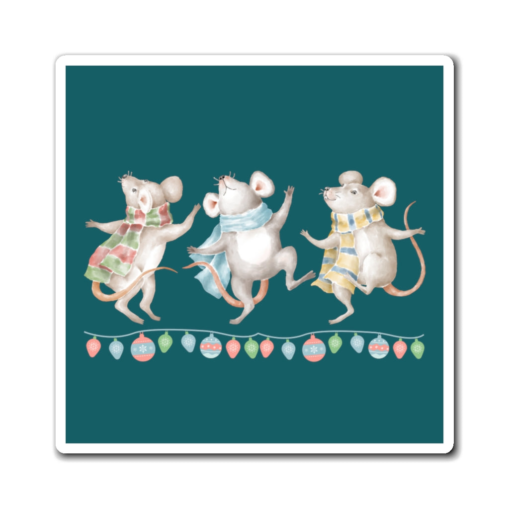 Vintage Watercolor Christmas Dancing Mice Magnet (Teal) (3 Sizes Available)