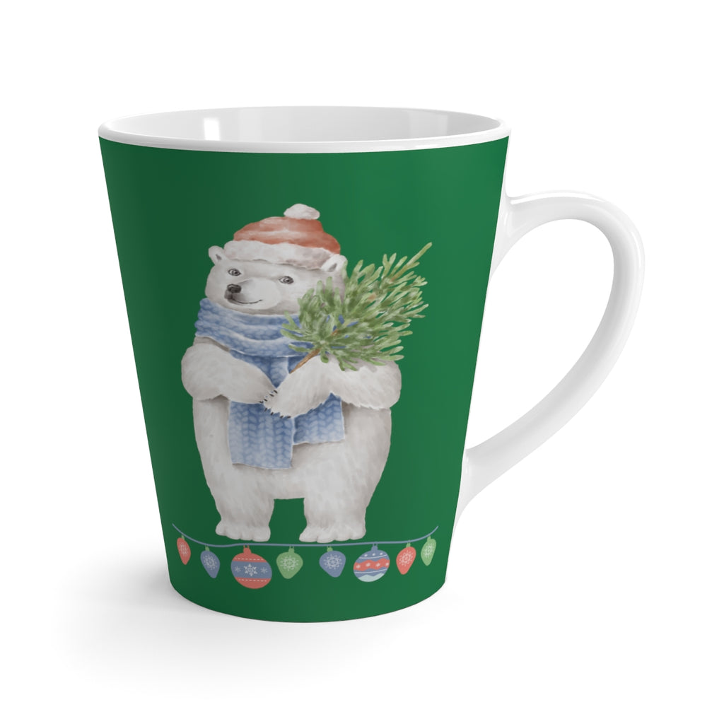 Vintage Watercolor Christmas Polar Bear Kelly Green Latte Mug (12 oz.) (Dual-Sided Design)