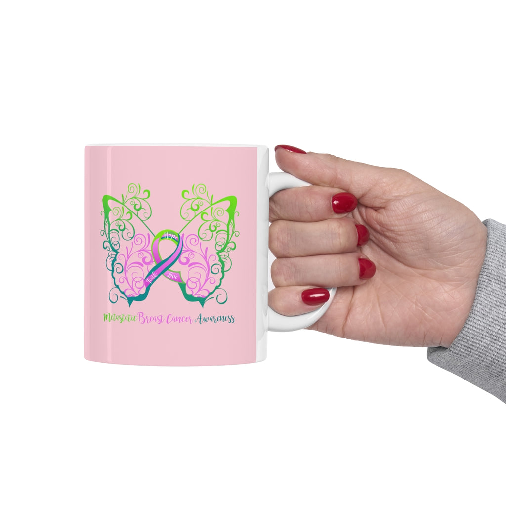 Metastatic Breast Cancer Awareness Filigree Butterfly (Light Pink) Mug (11 oz.)(Dual-Sided Design)