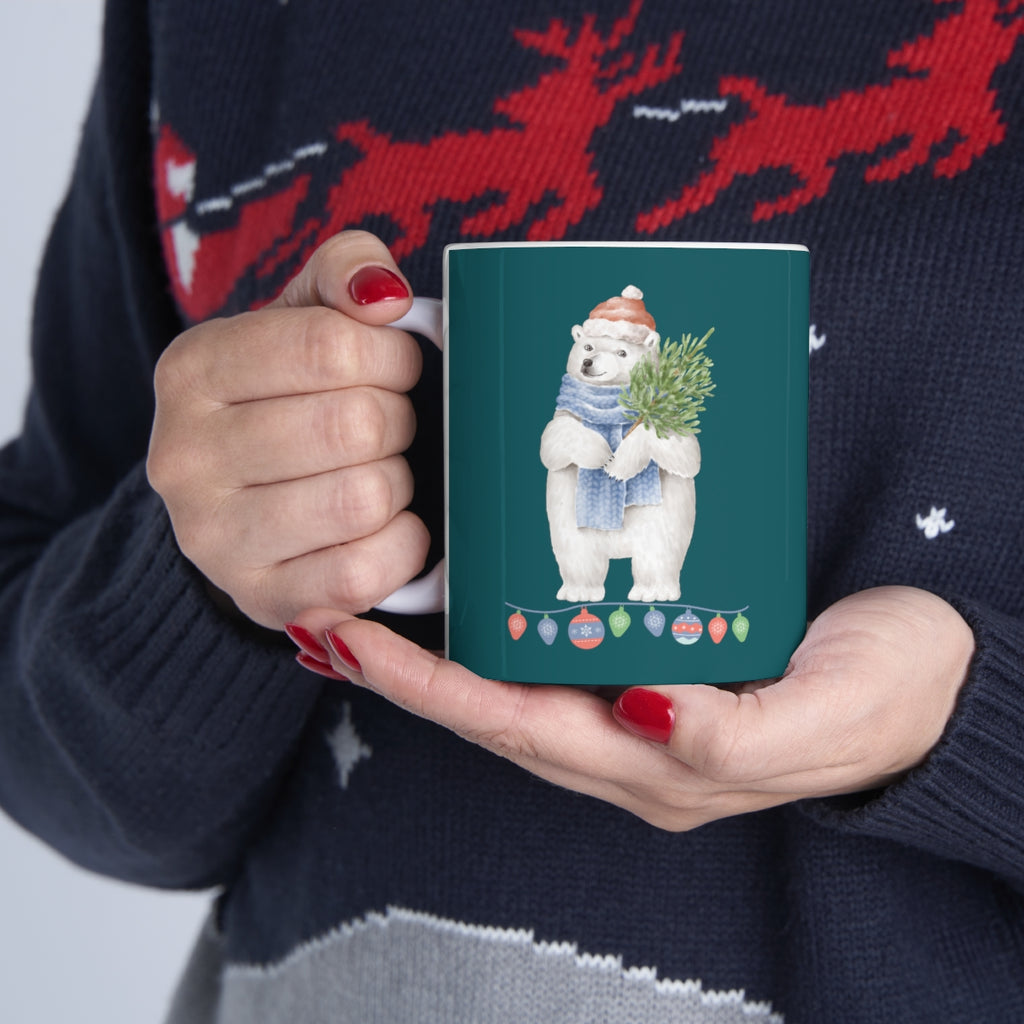 Vintage Watercolor Christmas Polar Bear (Teal) Mug (11 oz.)(Dual-Sided Design)