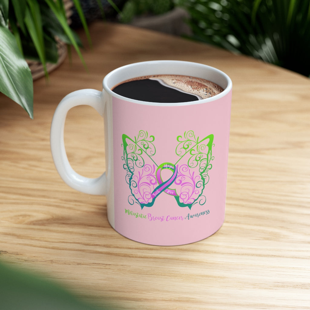 Metastatic Breast Cancer Awareness Filigree Butterfly (Light Pink) Mug (11 oz.)(Dual-Sided Design)