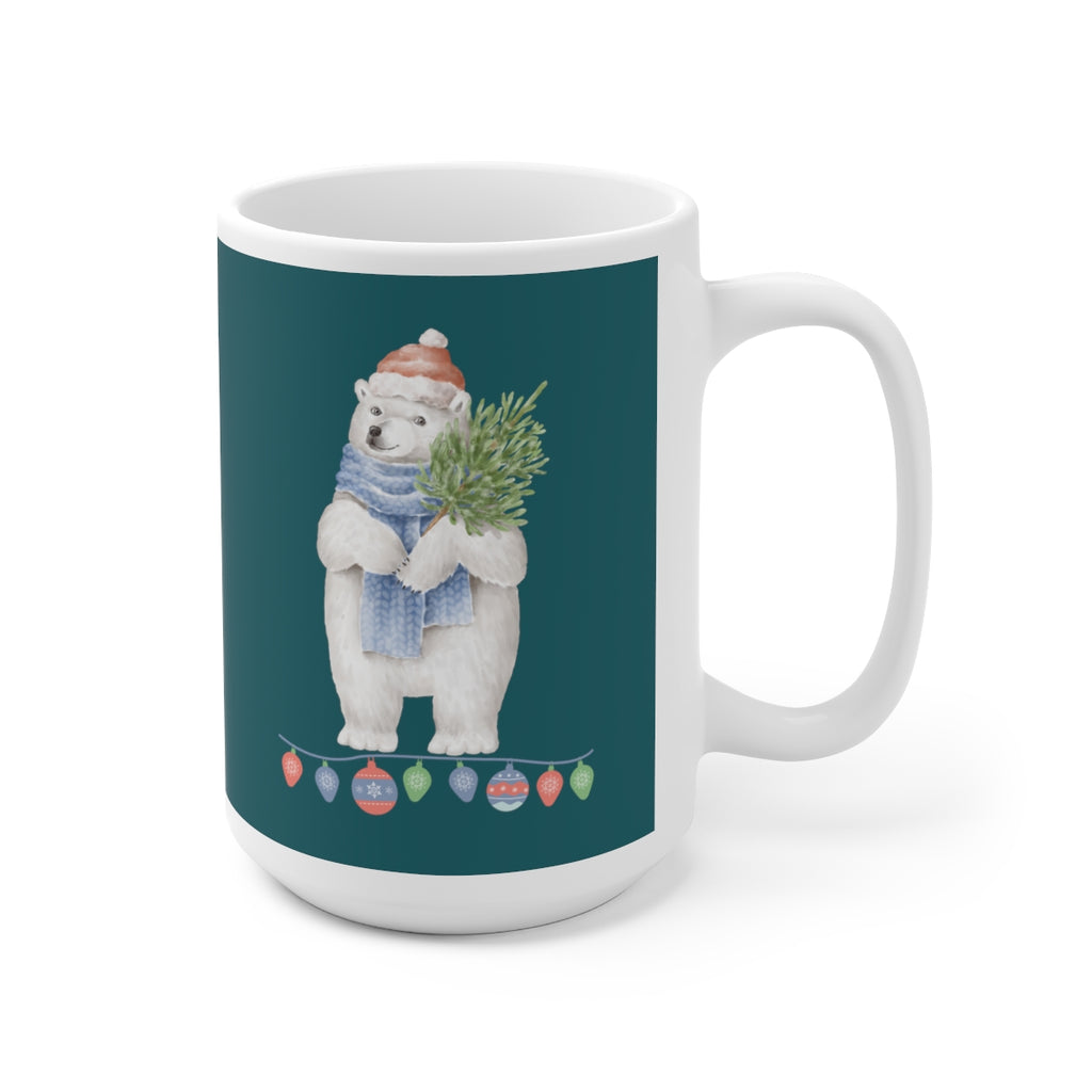 Vintage Watercolor Christmas Polar Bear (Teal) Mug (15oz) (Dual Sided-Design)