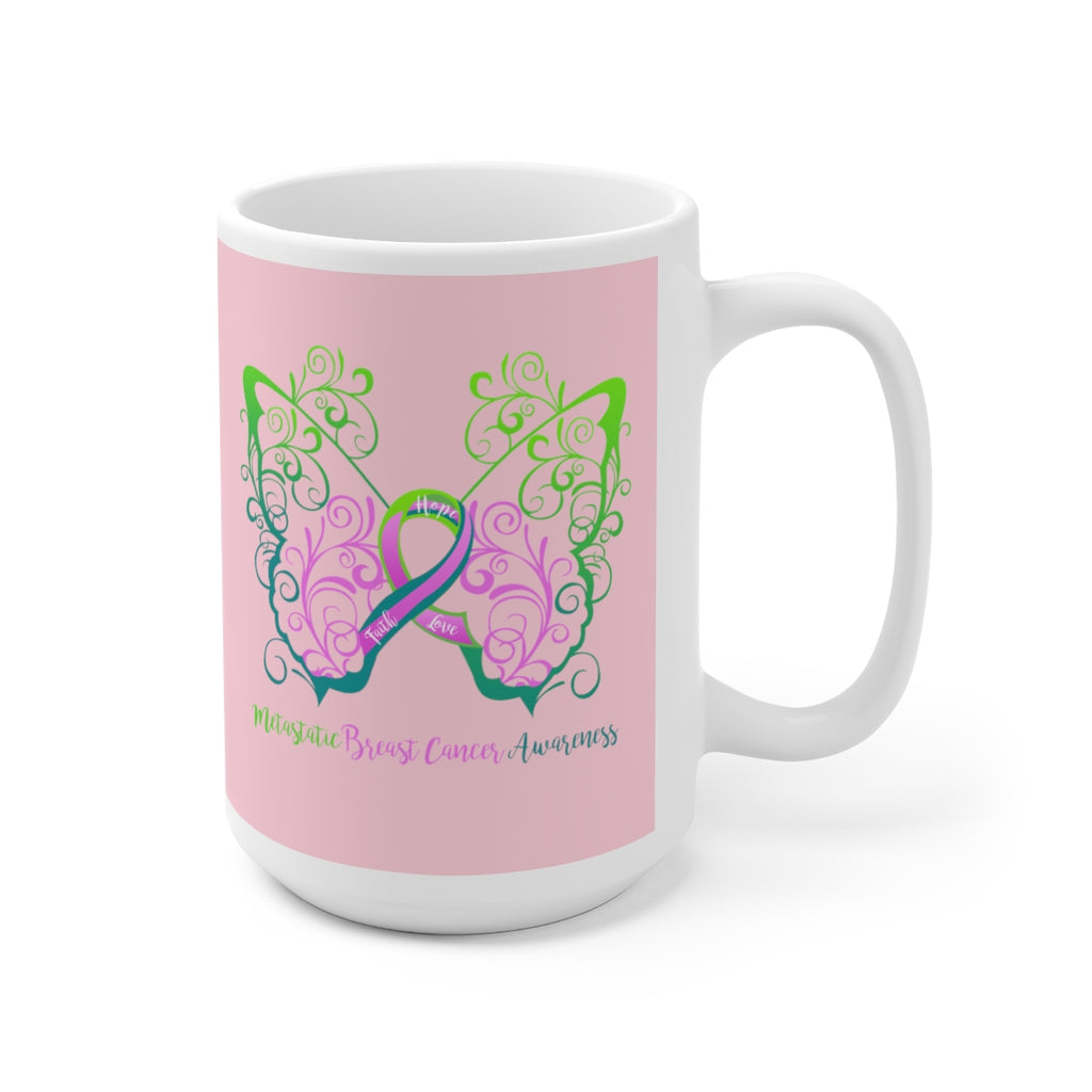 Metastatic Breast Cancer Awareness Filigree Butterfly (Light Pink) Mug (15oz) (Dual Sided-Design)