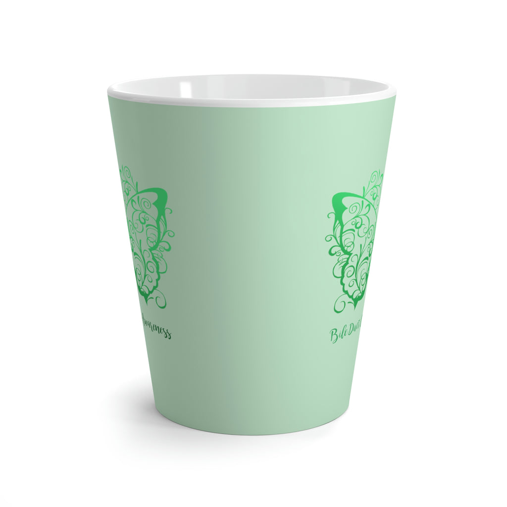 Bile Duct Cancer Awareness Filigree Butterfly Light Green Latte Mug (12 oz.) (Dual-Sided Design)