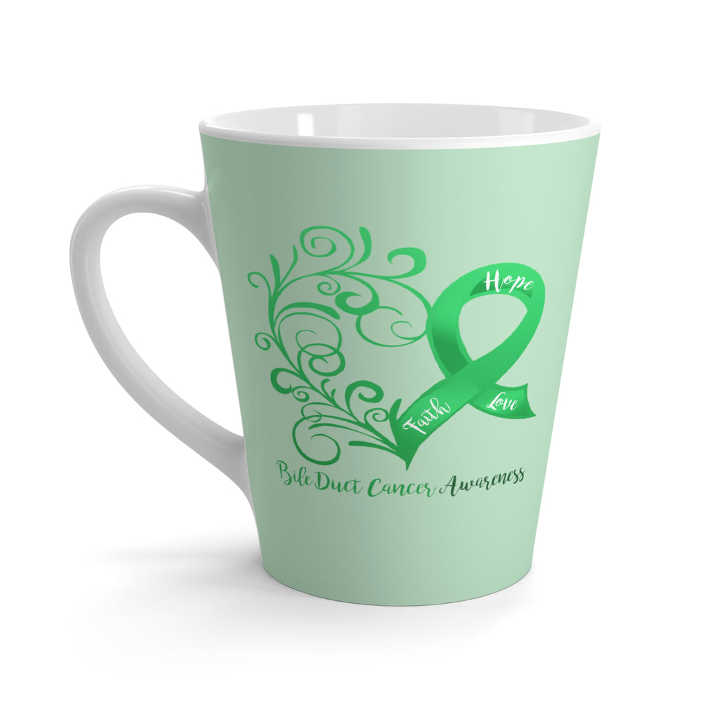 Bile Duct Cancer Awareness Heart Light Green Latte Mug (12 oz.) (Dual-Sided Design)