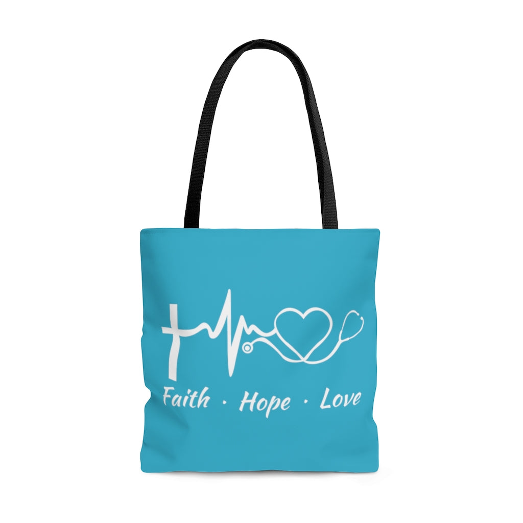 Faith Hope Love Stethoscope Large Aqua Tote Bag (Dual Sided Design)