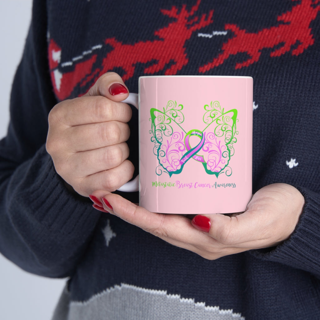 Metastatic Breast Cancer Awareness Filigree Butterfly (Light Pink) Mug (11 oz.)(Dual-Sided Design)