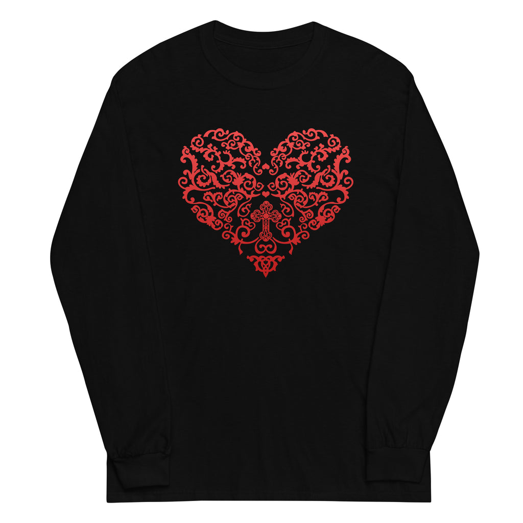 Filigree Cross in Heart Plus Size Long Sleeve Shirt (Several Colors Available)