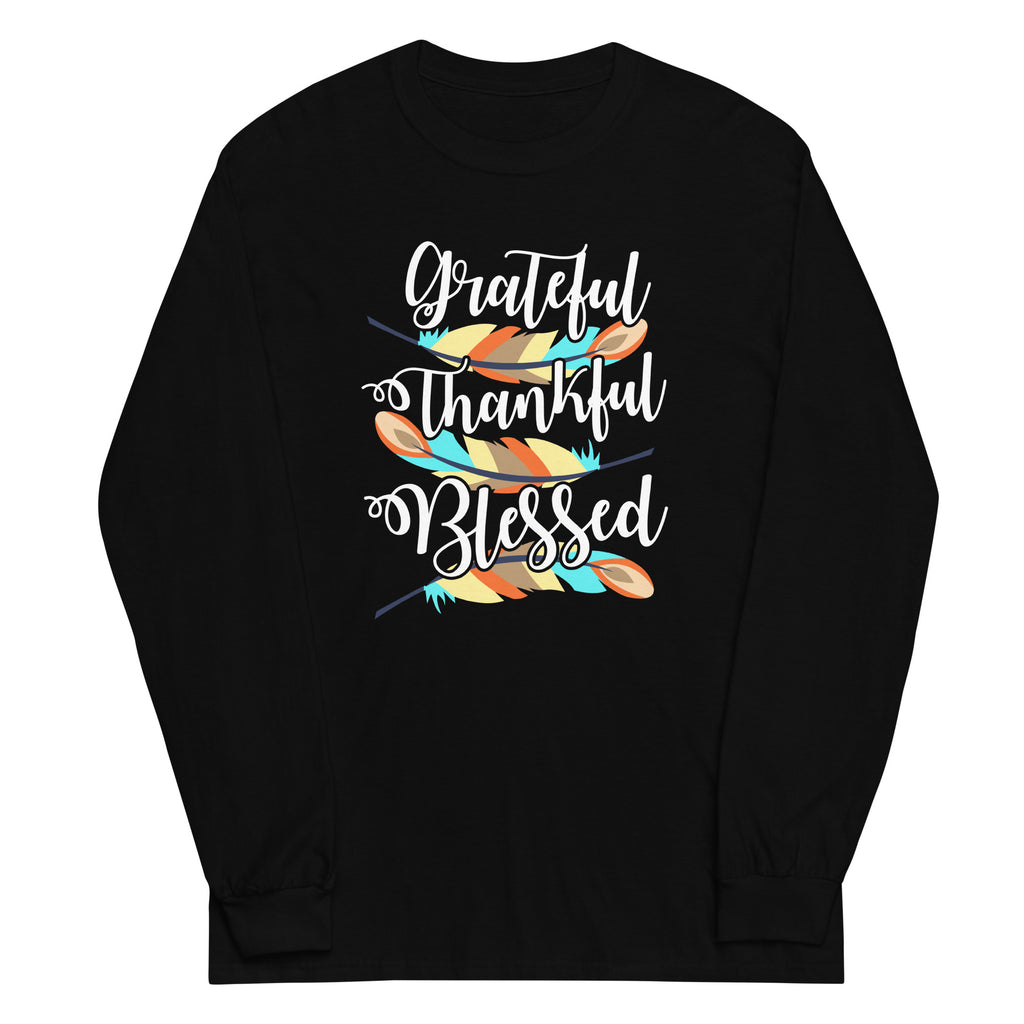 Grateful Thankful Blessed Feathers Plus Size Long Sleeve Shirt - Several Colors Available
