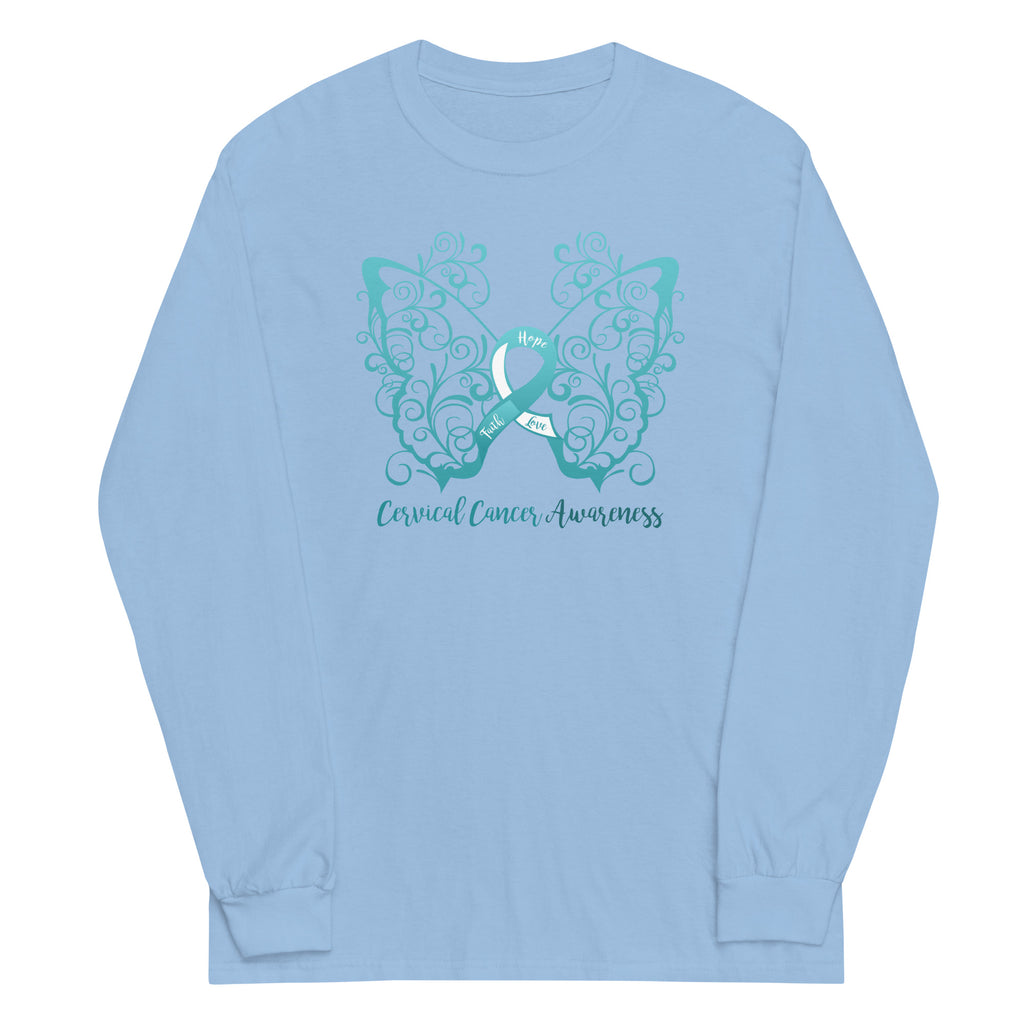 Cervical Cancer Awareness Filigree Butterfly Plus Size Long Sleeve Shirt - Several Colors Available