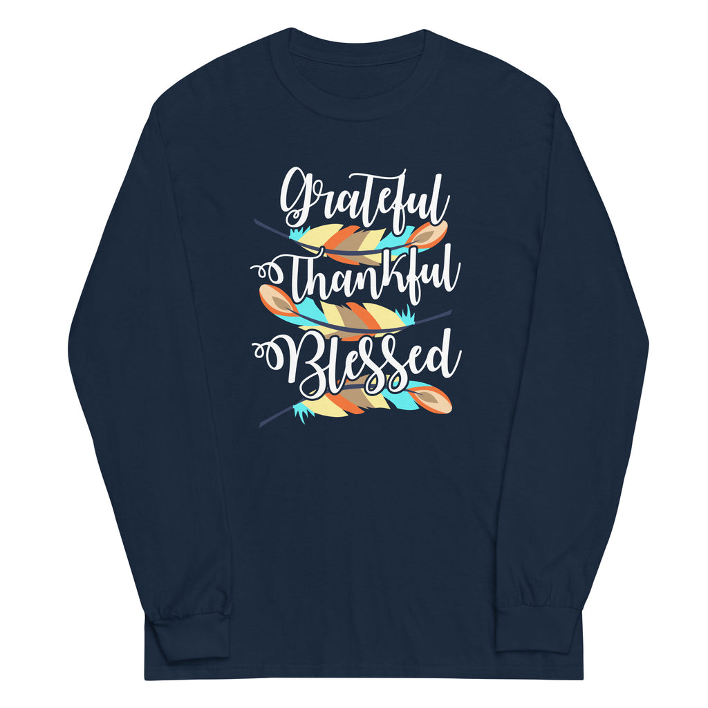 Grateful Thankful Blessed Feathers Plus Size Long Sleeve Shirt - Several Colors Available