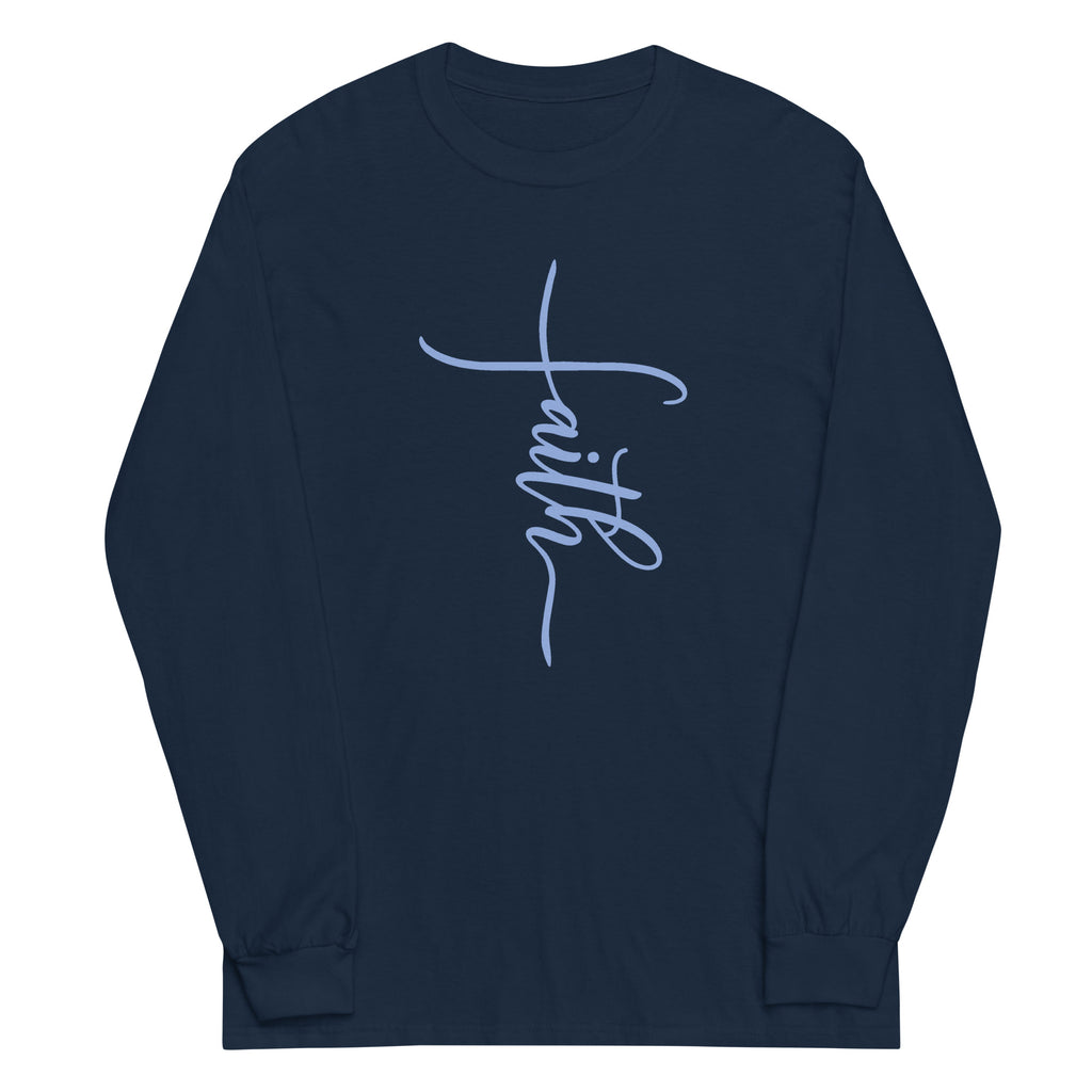 Faith Cross Blue Font Plus Size Long Sleeve Shirt - Several Colors Available