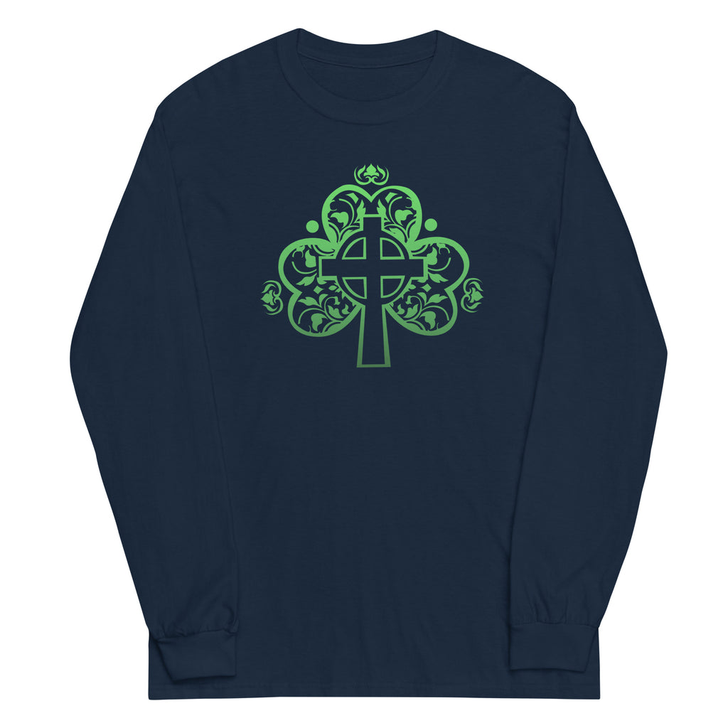 St. Patrick's Day Filigree Cross in Shamrock Plus Size Long Sleeve Shirt - Several Colors Available