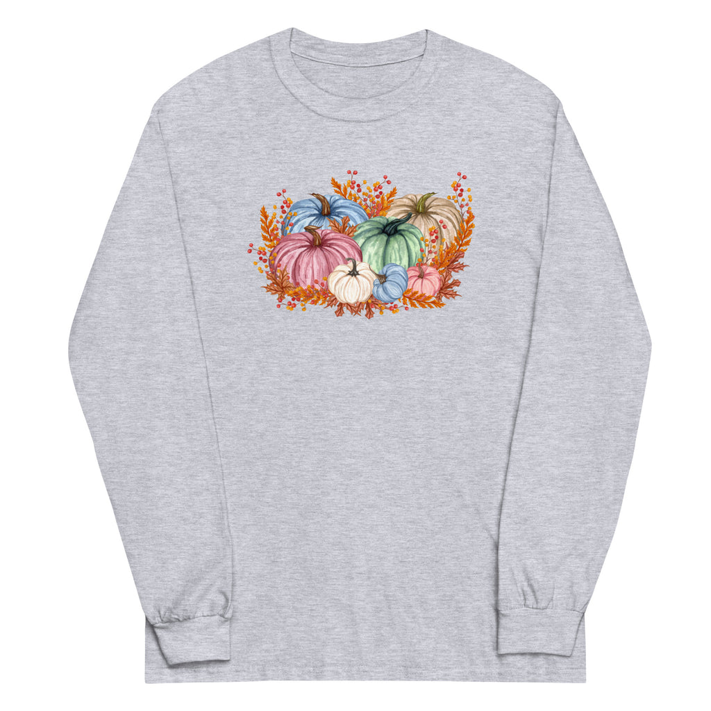 Fall Watercolor Pumpkins Long Sleeve Plus Size Shirt (Several Colors Available)