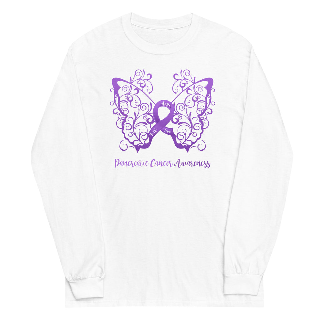 Pancreatic Cancer Awareness Filigree Butterfly Plus Size Long Sleeve Shirt - Several Colors Available
