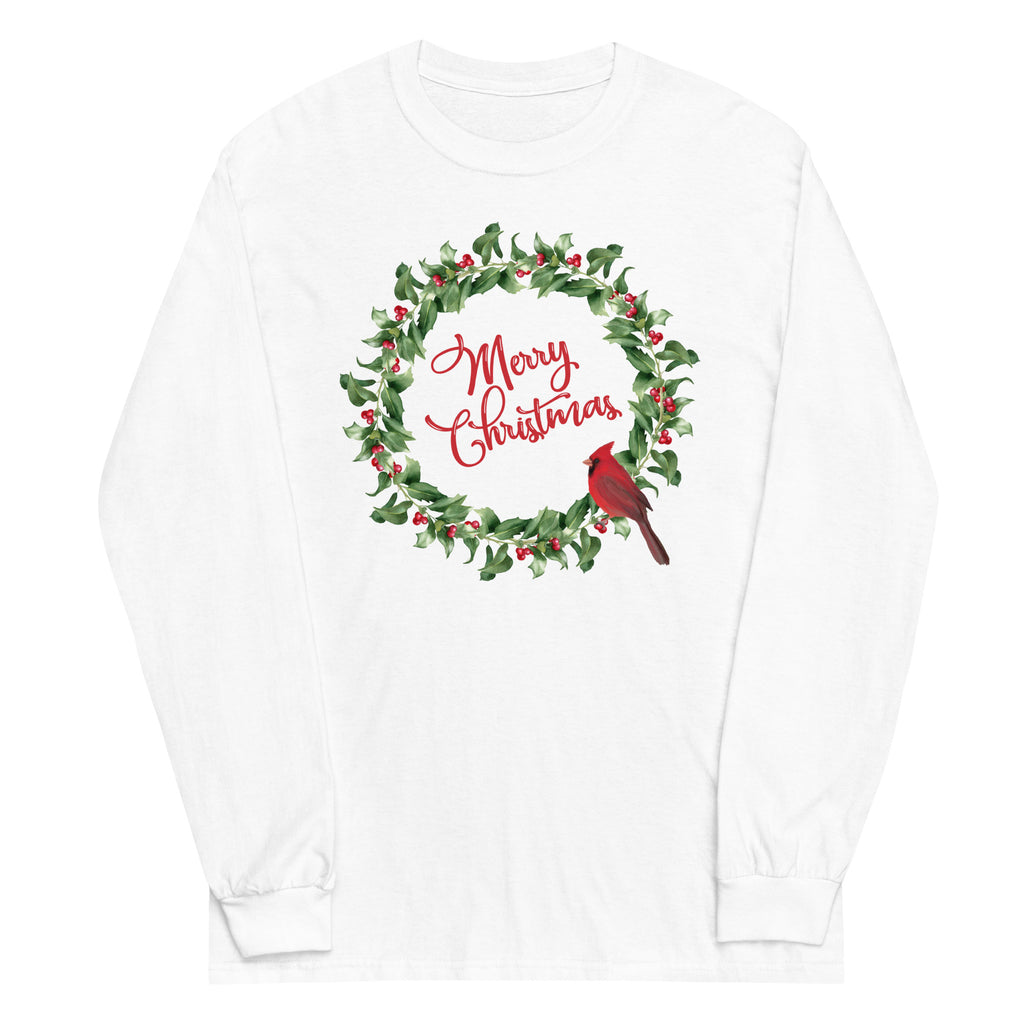 Red Merry Christmas Cardinal Holly Wreath Plus Size Long Sleeve Shirt - Several Colors Available