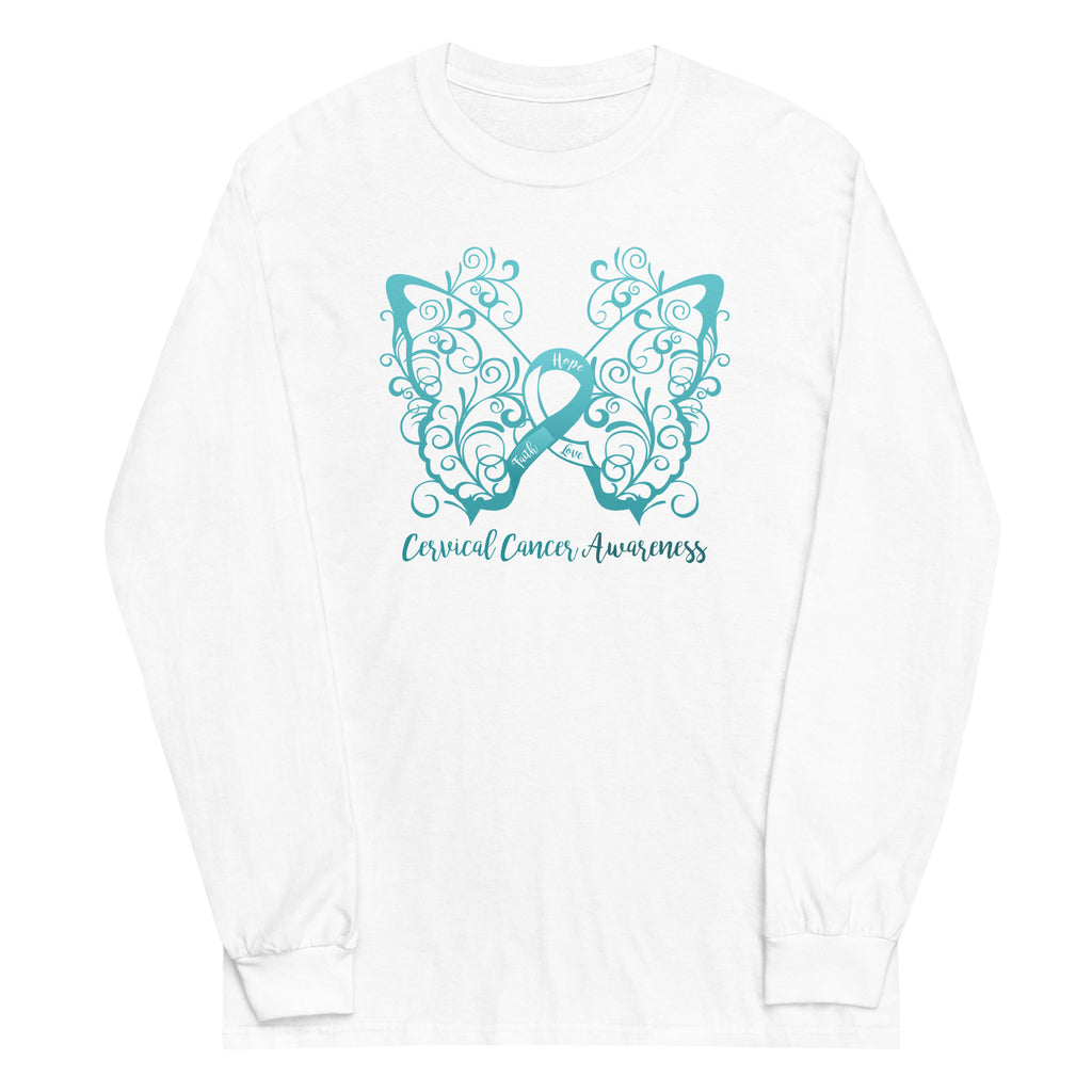 Cervical Cancer Awareness Filigree Butterfly Plus Size Long Sleeve Shirt - Several Colors Available