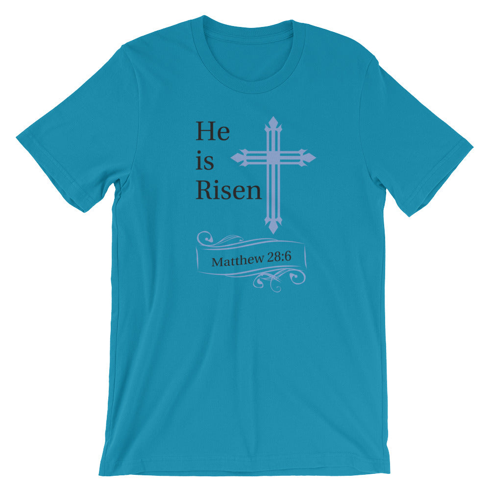 He Is Risen Blue Cross Matthew 28:6 T-Shirt - Light Colors