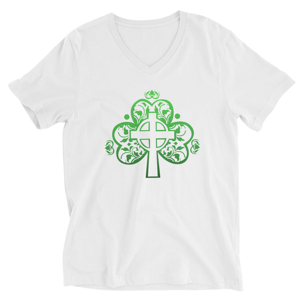 St. Patrick's Day Cross in Shamrock V-Neck Cotton T-Shirt