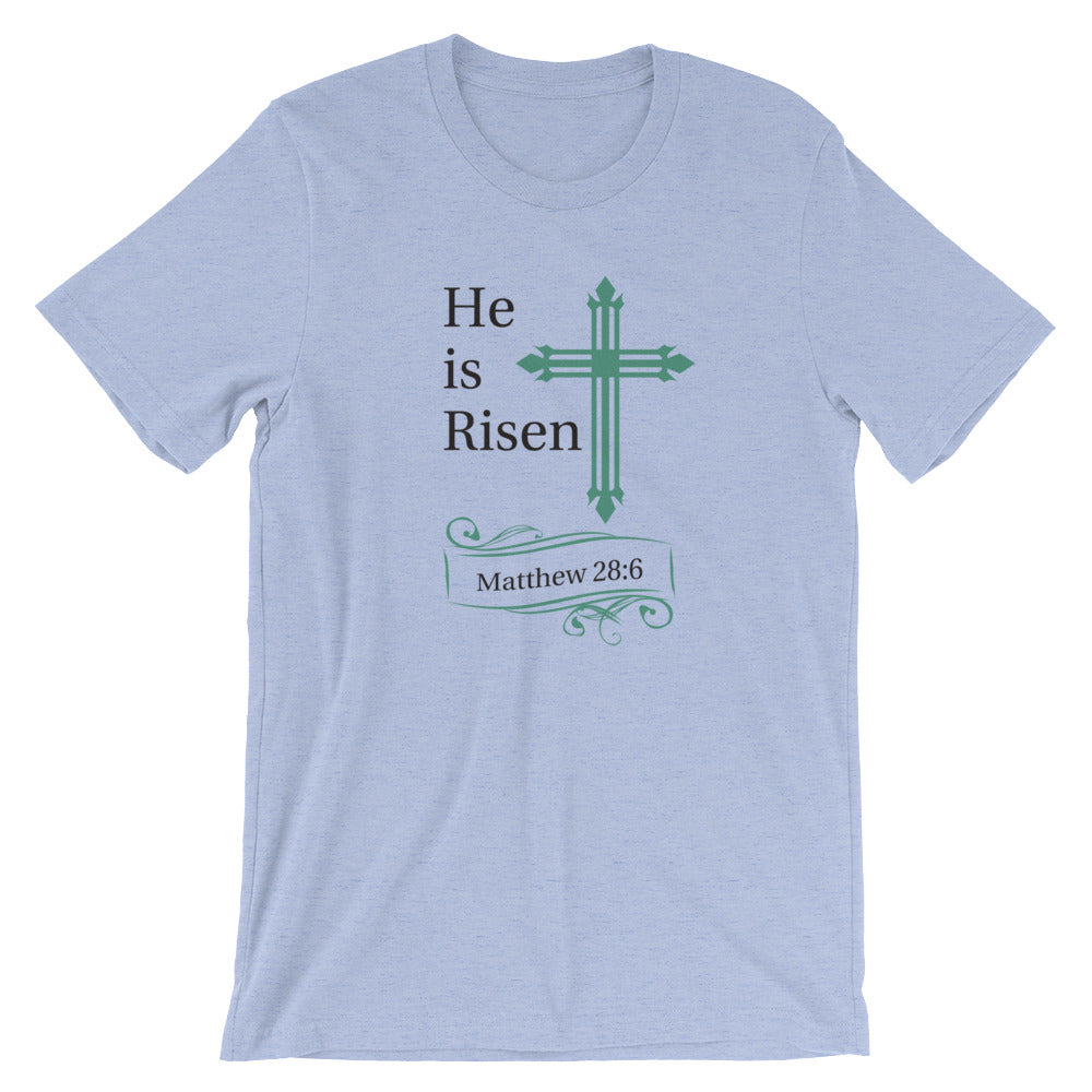 He Is Risen Green Cross Matthew 28:6 Cotton T-Shirt - Spring Colors