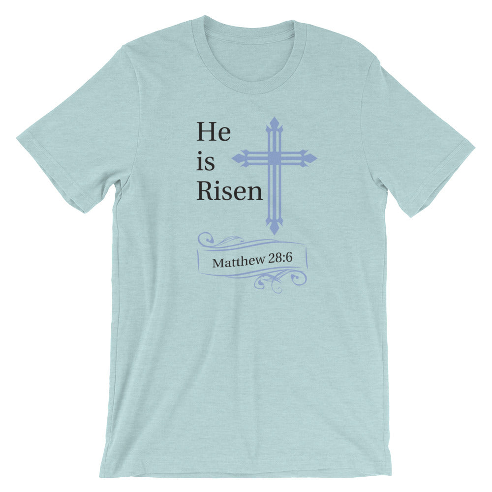 He Is Risen Blue Cross Matthew 28:6 T-Shirt - Light Colors