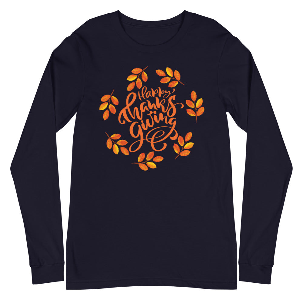 Happy Thanksgiving Autumn Leaf Wreath Long Sleeve Tee - Dark Colors