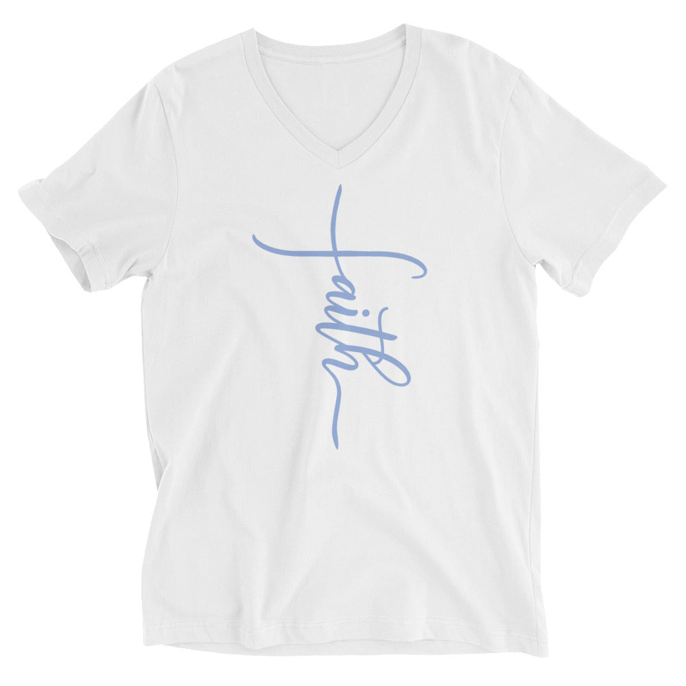 Faith Cross Blue Font V-Neck Cotton T-Shirt