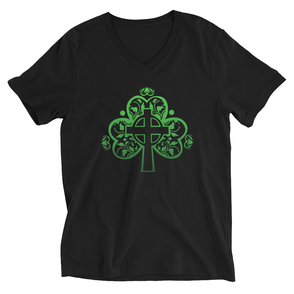 St. Patrick's Day Cross in Shamrock V-Neck Cotton T-Shirt
