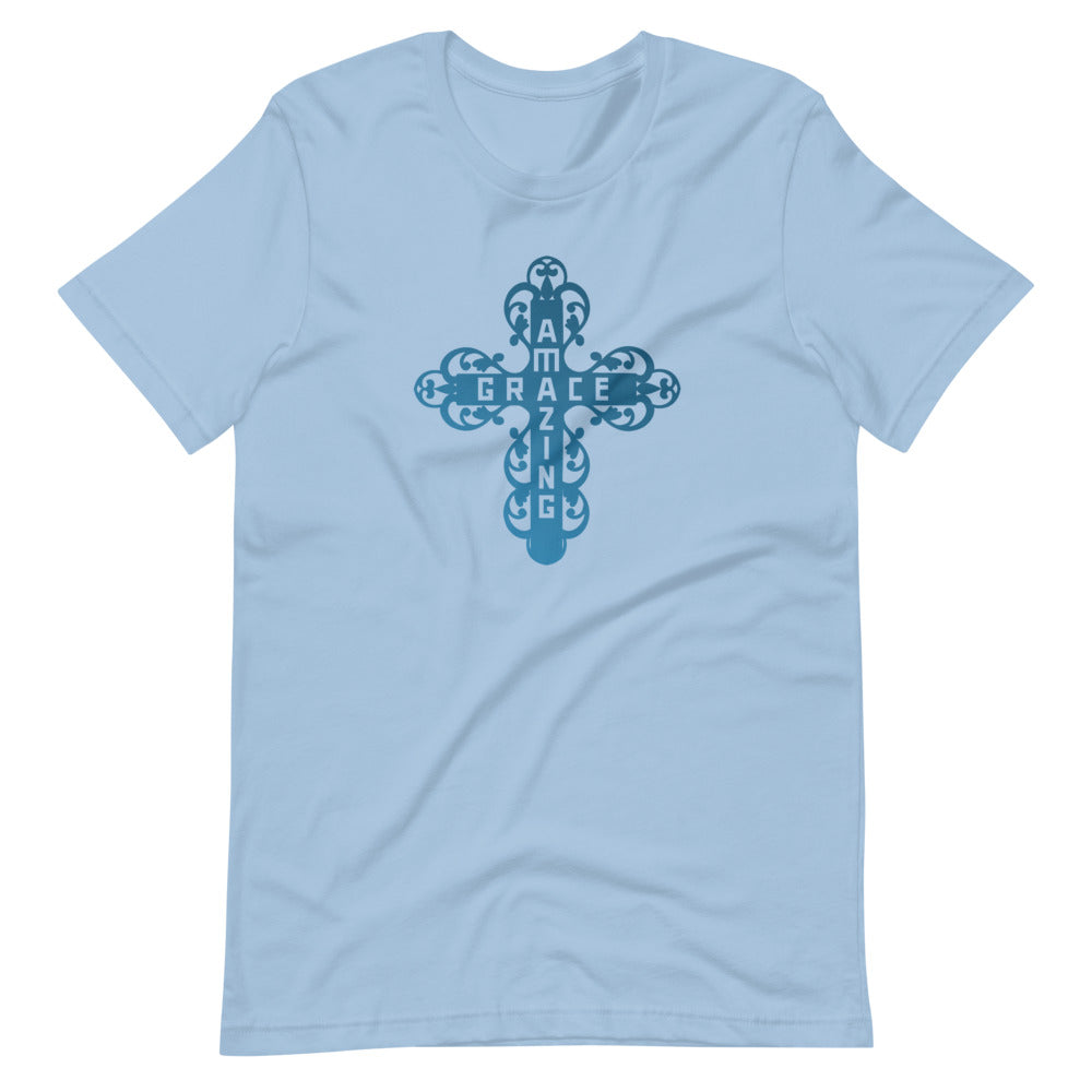 Amazing Grace Filigree Cross T-Shirt - Light Blue Colors